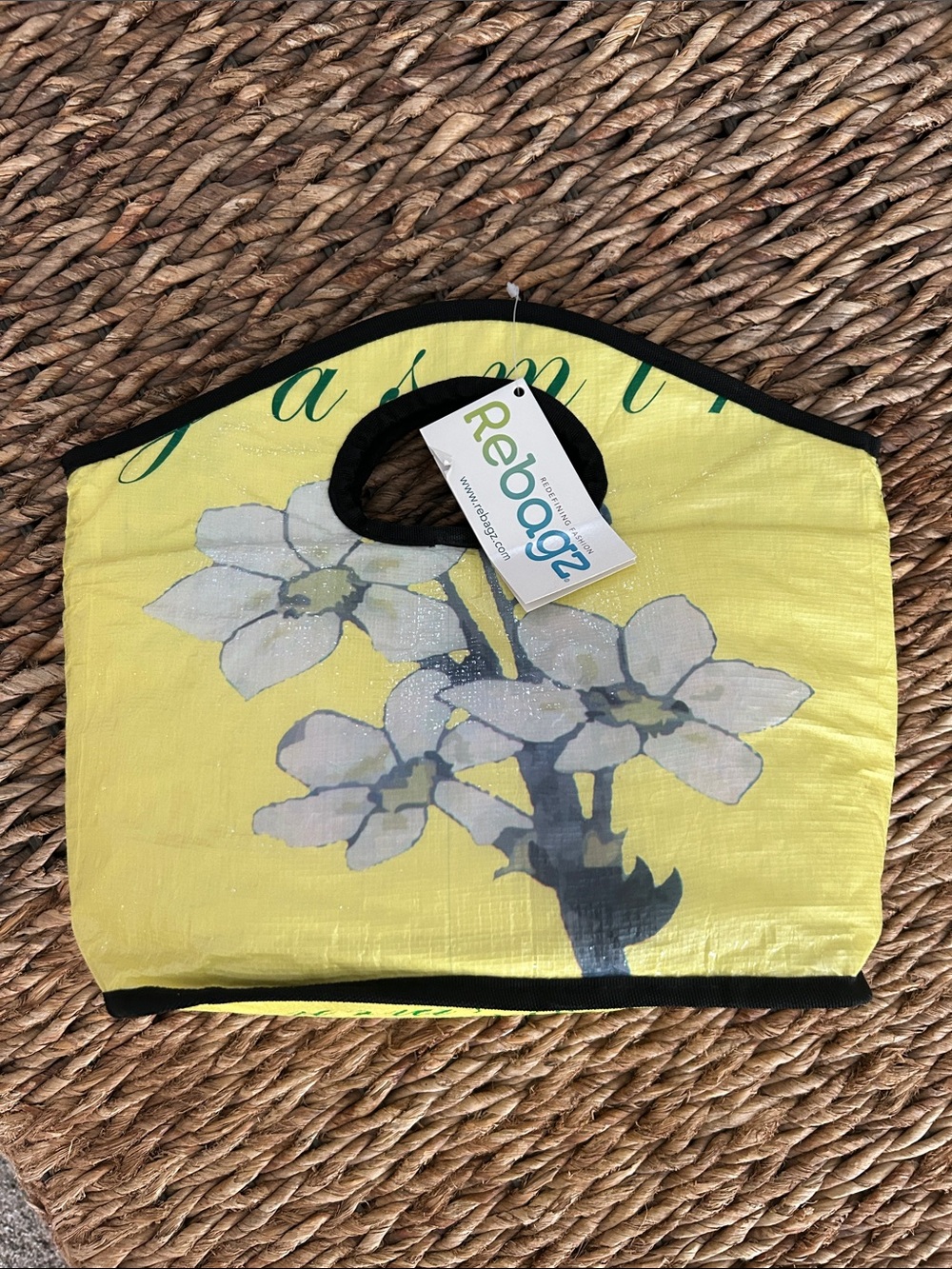 Rebagz Yellow Tote White Floral Print Black Trim. Upcycled Jasmine Rice Bag